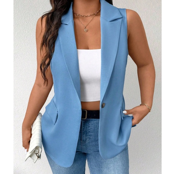 Plus Dusty Blue Button Fitted Vest Top - Picture 2 of 4